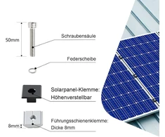 Wufanc saulės kolektorių laikiklis - saulės kolektorių laikiklis su 12 cm bėgeliais saulės kolektoriams - reguliuojami galiniai spaustuvai 30 mm juodi, skirti 30-35 mm storio moduliams - tinka plokščiam stogui ir trapecinei skardai