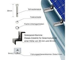 Wufanc saulės kolektorių laikiklis - saulės kolektorių laikiklis su 12 cm bėgeliais saulės kolektoriams - reguliuojami galiniai spaustuvai 30 mm juodi, skirti 30-35 mm storio moduliams - tinka plokščiam stogui ir trapecinei skardai