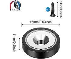 Wukong, 6 neodimio magnetų rinkinys, 16 x 5 mm, juodi, itin stiprūs, 6kg traukos jėga, su skyle ir kapsule, įleidžiamas puodo magnetas su varžtais, skirtas lentai, šaldytuvui, virtuvės darbo vietai