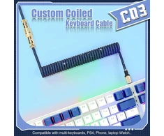 Xinmeng C03 spiralinis klaviatūros kabelis su pynimu, profesionalus Usb-c dvigubo apvalkalo aviacinis kabelis žaidimų klaviatūrai, Type-c į Usb-a su nuimama metaline aviacine jungtimi mechaninei klaviatūrai - mėlynas