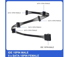 Yiejoya 4 kontaktų Ide Molex į 15 kontaktų Sata maitinimo kabelį, didelis 4 kontaktų Male į 5 x 15 kontaktų Sata Female kietojo disko maitinimo skirstytuvo adapterio kabelis, skirtas Diy Pc Server