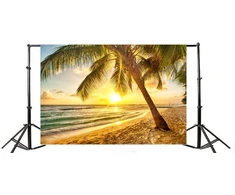 Yongfoto 3 x 2 m fotostudijos fonas, paplūdimys, jūra, kraštovaizdis, mėlynas dangus, balti debesys, palmė, saulėlydis, fotografijos fonas, nuotraukų fotosesijos, kūdikių vakarėlio reklaminis skydelis, vaikų fotostudijos rekvizitai