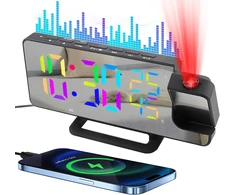 Žadintuvas su projekcija miegamajam, radijo žadintuvas, skaitmeninis laikrodis, 7.48 colių led rgb veidrodinis projekcinis žadintuvas prie lovos, snaudimas, temperatūra, drėgmė, 12/24h, dvigubas žadintuvas, 5