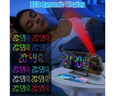 Žadintuvas su projekcija miegamajam, radijo žadintuvas, skaitmeninis laikrodis, 7.48 colių led rgb veidrodinis projekcinis žadintuvas prie lovos, snaudimas, temperatūra, drėgmė, 12/24h, dvigubas žadintuvas, 5