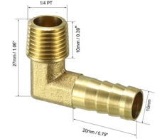 Žalvario jungiamosios detalės: 90 laipsnių kampas, 1/4 Pt, 10 mm