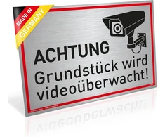 Ženklas achtung grundstück wird videoüberwacht! | aliuminis 30 x 20 cm | tvirtas aliuminio ženklas su uv apsauga | šlifuoto sidabro elegantiška išvaizda | vaizdo stebėjimo kamerų stebėjimas dreifke®