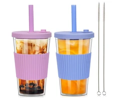 Zgoec 500 ml Bubble Tea puodelis su dangteliu ir šiaudeliu, 2 vienetai daugkartinio naudojimo plastikiniai puodeliai, kokteilių puodeliai, gėrimo puodelis su šiaudeliu, dvigubų sienelių izoliuotas, nepralaidus gėrimų puodelis arbatai, šaltai kavai, šviesi