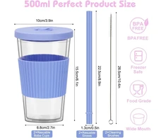 Zgoec 500 ml Bubble Tea puodelis su dangteliu ir šiaudeliu, 2 vienetai daugkartinio naudojimo plastikiniai puodeliai, kokteilių puodeliai, gėrimo puodelis su šiaudeliu, dvigubų sienelių izoliuotas, nepralaidus gėrimų puodelis arbatai, šaltai kavai, šviesi
