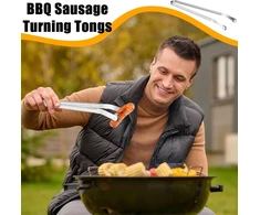 Žnyplės kepsninei su besisukančiais ratukais - ilgos dešrelių žnyplės bbq, nerūdijančio plieno virtuvinės žnyplės kepimui ant grotelių, metalinės žnyplės, dešrelių laikiklis patogiam gaminimui su aliejaus teptuku ir valymo šluoste