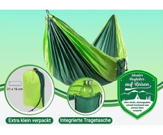 Zollner hamakas 275 x 140 cm - itin lengvas - vienam asmeniui - kvėpuojantis ir greitai džiūstantis - su integruotu nešiojimo krepšiu - itin lengvas audinys - ypač patvarus - žalios spalvos