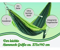 Zollner hamakas 275 x 140 cm - itin lengvas - vienam asmeniui - kvėpuojantis ir greitai džiūstantis - su integruotu nešiojimo krepšiu - itin lengvas audinys - ypač patvarus - žalios spalvos