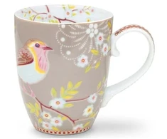 Porcelianinis puodelis Pip Studio Early Bird, pilkšvai rudas su paukšteliu, 350 ml