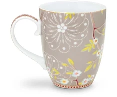 Porcelianinis puodelis Pip Studio Early Bird, pilkšvai rudas su paukšteliu, 350 ml