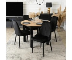 Mebel Elite Išskleidžiamas valgomojo stalas HARRY ir 4 kėdės, „artisan“ ąžuolo ir juodos spalvos
