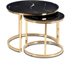 Mebel Elite Keraminių kavos staliukų komplektas MILANO, 45 cm ir 60 cm, juodo marmuro, auksinis