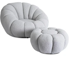 Mebel Elite Sukamasis fotelis su pufu PETTIT, pilkas, bouclé