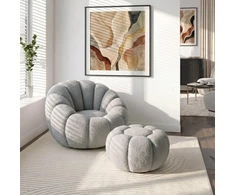 Mebel Elite Sukamasis fotelis su pufu PETTIT, pilkas, bouclé