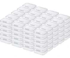 100 mini stačiakampių tuščių plastikinių dėžučių su atlenkiamais dangteliais pakuotė (5,5 x 4 x 2 cm, skaidrios)
