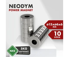 10x neodimio galios magnetas, sidabrinis žiedinis magnetas, itin stiprus, skersmuo 15 x 6 mm, didelis vidinis skersmuo 6 mm, super magnetas, lipnumo jėga apie 5kg, magnetai skirti lentoms, skelbimų lentoms, magnetinėms lentoms