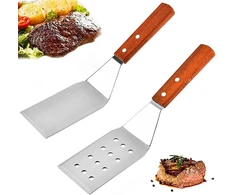 2 dalių grandiklio mentelė, nerūdijančio plieno mentelių rinkinys, grilio mentelė, nerūdijančio plieno perforuota grilio apvertimo mentelių rinkinys su medine rankena, skirtas teppanyaki, kepsninei, kepsniui, picai