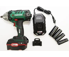4 x akumuliatorius (4 Ah) + 1 x parkside® 20 V akumuliatorinis smūginis veržliasukis 400 Nm passk 20-li c2, sukamasis smūginis veržliasukis, akumuliatoriaus sieninis laikiklis, įkroviklis (4,5 A), transportavimo dėklas, 16 veržlių