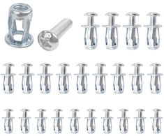 45 metalinių įdubų kaiščių rinkinys, 15 vnt. m4 x 20 įdubų kaiščių, 15 vnt. m5 x 25 išsiplėtimo griovelių, 15 vnt. m6 x 25 išsiplėtimo kaiščių, lizdinės veržlės, žiedlapinės veržlės sienoms, geležies plokštėms ir kt.