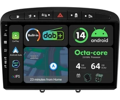 Automagnetola [4g + 64g] Ips 9 colių Android 14 automobilinis radijas Peugeot 308 2007-2013 su Navi Octa Core [integruotas Dab+/carplay/android Car/dsp/gps/bluetooth 5.0/wlan/usb