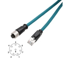 Actuator Sensor Ethernet tinklo kabelis M12 A koduotas 8 kontaktų lizdas į Rj45 Cat-7e jungiamąjį laidą, skirtas pramoninės Profibus automatikos programoms, 30 cm