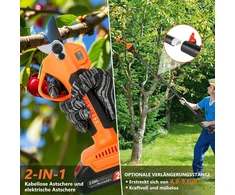 Akumuliatorinės genėjimo žirklės su teleskopine rankena, 2 m, elektrinės genėjimo žirklės su apsauginiu jungikliu, 2 x 2000 Mah akumuliatorius, 2 x Sk5 ašmenys, Lcd ekranas, profesionalios elektrinės sodo žirklės medžių pjovimui