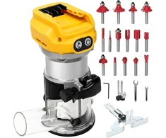 Akumuliatorinis frezeris, suderinamas su Dewalt 20 V akumuliatoriumi, 1300 W bešepetėlinis kraštų pjoviklis su 6 greičiais, tiesus kreiptuvas, kreipiamasis ratukas, 15 frezų ir dulkių kanalas, akumuliatorinis medienos pjoviklis (be akumuliatoriaus)