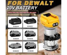 Akumuliatorinis frezeris, suderinamas su Dewalt 20 V akumuliatoriumi, 1300 W bešepetėlinis kraštų pjoviklis su 6 greičiais, tiesus kreiptuvas, kreipiamasis ratukas, 15 frezų ir dulkių kanalas, akumuliatorinis medienos pjoviklis (be akumuliatoriaus)