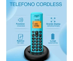 Alcatel E160 mėlynas belaidis Dect telefonas su nepageidaujamų skambučių blokavimu, didelis oranžinis apšviestas ekranas, lengvai skaitomas, klasikiniai ir polifoninės melodijos