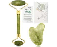 Aliman brand jade veido volelis + gua sha akmuo - veido masažuoklis - nuo raukšlių - paakių masažuoklis - atpalaiduojantis ir stangrinantis masažinis volelis (jade rinkinys)