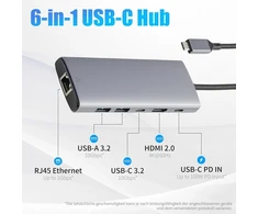 Amazon Basics Usb C šakotuvas kompiuteriams ir nešiojamiesiems kompiuteriams, 6 viename multiport adapteris su 100 W Max Pd įkrovimu, 4k Hdmi, 2 Usb-a prievadais, Ethernet, Type C duomenų prievadas