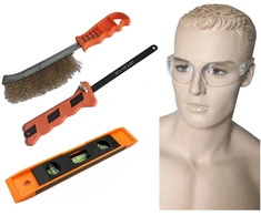 Apsauginiai akiniai + gulsčiukas 230 mm + šepetys + metalo pjūklas su rankena