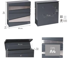Arregui Armor E6905 dizainerio pašto dėžutė, pagaminta iš galvanizuoto plieno su laikraščio laikikliu, pašto dėžutė + laikraščių dėžutė, dydis M (din A4), moderni sieninė pašto dėžutė su apsauginiu atvartu, antracito pilka