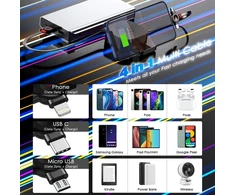 Asicen 1,2 m multi usb kabelis, ištraukiamas kelių įkrovimo kabelis, 4,5a universalus kelių greito įkrovimo kabelis su ip/type c/micro usb, skirtas iphone 16 15 14, android galaxy, pixel, lg, planšetiniams kompiuteriams