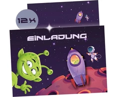 Astronautas • Kosmosas • Ateivis - kvietimai vaikams su raketa kosmose | Gimtadienis ir vakarėlis | Kvietimai vaikų gimtadieniams berniukams | 12 kortelių + 12 atspausdintų vokų