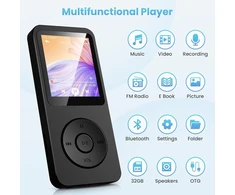 Ausinės 32 gb mp3 grotuvas bluetooth 5.3 su 1.8 colio tft spalvotu ekranu su ausinėmis, hifi muzikos mp3 grotuvas vaikams su garsiakalbiu, fm radijas, e-knyga, įrašymas, palaiko iki 128 gb, juodas