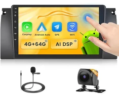 Automagnetola Fuluku 4+64g android automobilinis radijas skirtas bmw 5 e39 e53 m5 x5 1996-2007 su belaidžiu carpaly ir android auto, 9 colių ips jutiklinis ekranas su bluetooth 5.0/gps/atbuline kamera/fm/wifi/swc
