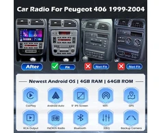Automagnetola Hikity 4g + 64g Android automobilinis radijas Peugeot 406 1999-2004 su 9 colių jutikliniu ekranu, stereo 2 Din su belaidžiu Carplay Android Auto Fm/rds radiju Bt Gps Wifi Swc Mirror Link + atbulinės eigos kamera + mikrofonas