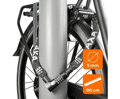 Axa Absolute C5-90 kombinuota spyna dviračiui su kodu, 90 cm ilgio grandininė spyna, 7 apsaugos lygis, 5 mm plieninės grandys, juodas apsauginis dangtelis