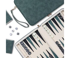 Backgammon rinkiniai suaugusiems, klasikinis stalo žaidimas su sulankstomu odiniu backgammon dėklu, nešiojamas kelioninis backgammon rinkinys, įskaitant 30 dirbtinių raginių šaškių (žalias)