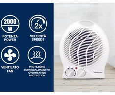 Beper P203ter202 ventiliatorinis šildytuvas, 2000 W, 2 pasirenkami galios lygiai, kompaktiškas ventiliatorinis šildytuvas su reguliuojamu termostatu, eco režimas ir automatinis išjungimas, baltas