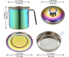 Berglander vaivorykštės spalvų riebalų indas su filtru 1.4 l, titano spalvos nerūdijančio plieno aliejaus laikymo indas su smulkiu tinklelio filtru, apsauga nuo dulkių, skirtas kepti aliejų ir maisto riebalus laikyti
