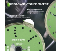 Betteri Deimantinis pjovimo diskas 230 mm x 22,23 mm, deimantinis pjovimo diskas plytelėms, betonui, akmeniui, plytoms, mūrui, blokeliams pjauti, pramoninės kokybės deimantinis diskas pjovimo staklėms