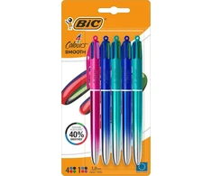 Bic 4 Colours Smooth ištraukiamas rutulinis rašiklis, vidutinis antgalis (1,00 mm) su mėlynais, žalsvai mėlynais ir rožiniais vaivorykštiniais korpusais - įvairių spalvų rašalo rinkinys, 5 vnt.