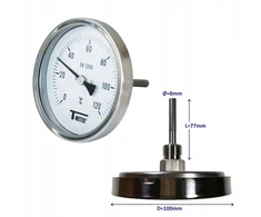 Bimetalinis termometras 100mm, G1/2" sriegis, 0-120°c