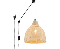 B·led Barcelona Led Barcelonaled pakabinamas šviestuvas iš bambuko pynimo su laidu, sieniniu lizdu, vintažinis, skriemulys, medinis, rotangas, gaubto skersmuo 26 cm, E27 lizdas svetainei, valgomajam, virtuvei