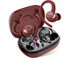Bluetooth sportinės ausinės, į ausis įdedamos ausinės, belaidės bluetooth 5.3 su hd mikrofonu, išskirtinis garsas, 40 valandų grojimo laikas, patogus prigludimas, dvigubas led ekranas, ip7 vandeniui atsparios ausinės su ausų kabliukais, raudonos